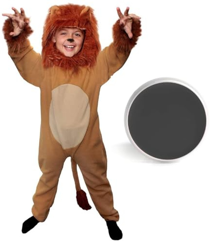 Childs lejondräkt – 2-delad safaridjur maskeraddräkt – plysch lejontopp med fastsatt svans, separat maned huva och svart ansiktsfärg – barnsagobok karaktär outfit för världsbokens dag och halloween