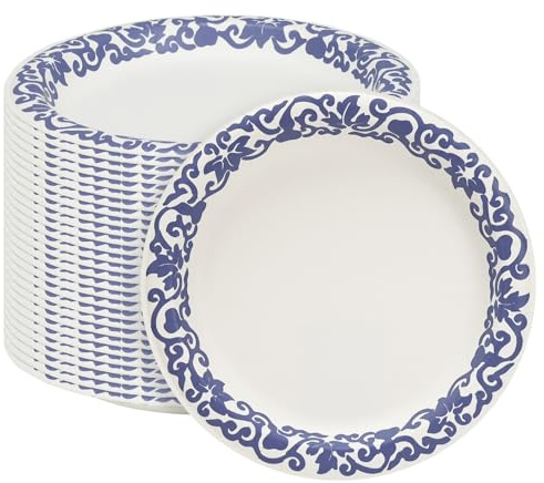 Paper Plates 10 Inch (25 cm), 30 Pack Blue Porcelain Pattern Disposable Dinner Plates, Heavy Duty, Microwave Safe, Leak & Cut Resistant for BBQs, Buffets, Parties, Family Gatherings and Catering