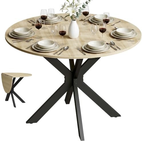 HOMCOM Tavolo da Pranzo Rotondo Pieghevole per 2-6 Ø110 cm Color Legno | Tavolo Cucina a Ribalta, Gambe a X in Acciaio, Piano Spesso, Salvaspazio, per Soggiorno Sala da Pranzo