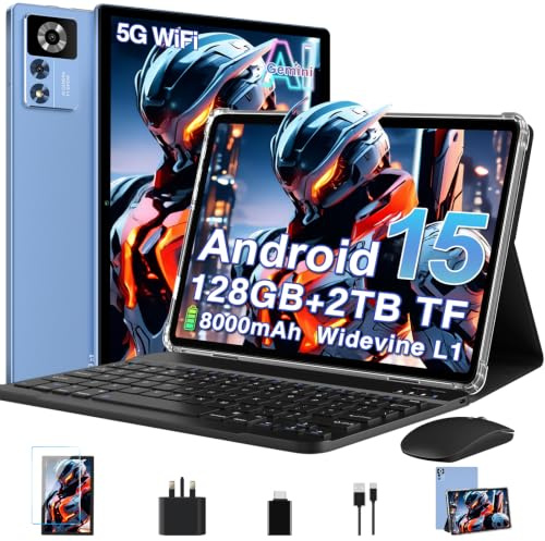 DEERTiME Tablet 10 Inch Android 15, 30GB RAM+128GB ROM (TF 2TB), 5G WiFi, Gemini AI/Widevine L1/ 8000mAh/Octa-Core 2.0GHz/8MP+5MP/BT5.0/GPS/Face ID/GMS/Widgets Tablet with Keyboard & Mouse - Blue