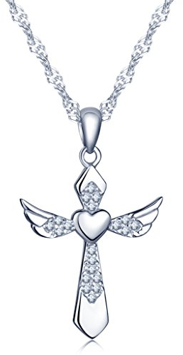 Unendlich U Fashion Kreuz Herz Engelsflügel Halskette 925 Sterling Silber Zirkonia Anhänger Kettenanhänger, Silber