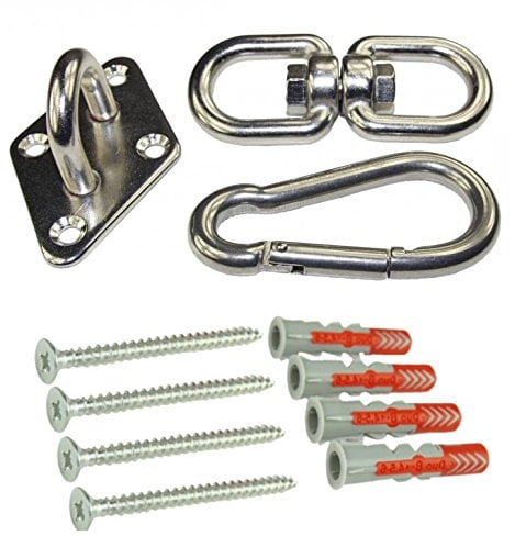 KAMERO Edelstahl V4A Set Boxsack Aufhängung Set Wandhaken Karabiner Drehwirbel, Dübel Schrauben belastbar bis 230kg rostfrei