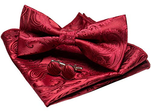 JEMYGINS Paisley Fliege und Einstecktuch mit Manschettenknöpfe Sets für Herren, Dunkelrot, M