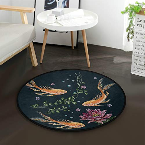 Mnsruu Orientalischer Koi Karpfen Fisch Seerose Rund Bereich Teppich für Wohnzimmer Schlafzimmer 90 cm Durchmesser (92 cm)