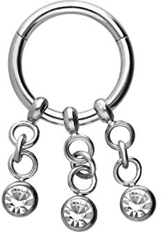 PIERCINGLINE Chirurgenstahl Segmentring Clicker 3 Ketten + Kristalle Piercing Septum Helix Tragus Silberfarben