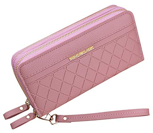 Portafoglio Donna con Doppia Cerniera in Pelle PU - Grande Capacità per Telefono, Monete e Schede Multiple - Porta da Polso (Rosa1)