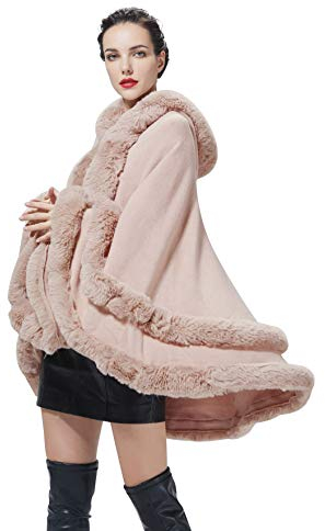 BEAUTELICATE Poncho Fourrure Femme Cape à Capuche Châle Étole Tricoté Manteau Léger pour Automne Hiver Mariage Soirée Gala Mariée Demoiselle d'honneur(Taille Unique, Rose Pâle)