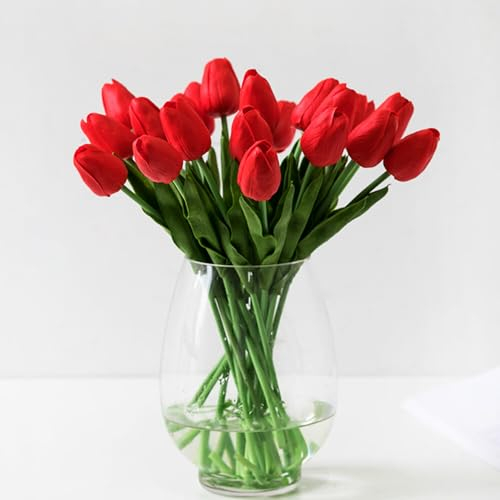KOILLUXU Künstliche Blumen, 30 Stück, Blumenstrauß, 35,6 cm hoch, fühlt sich echt an, rote PU-Tulpen für Arrangement, Hochzeit, Party oder Ostern, Frühling, Heimdekoration, Esszimmer, Büro,