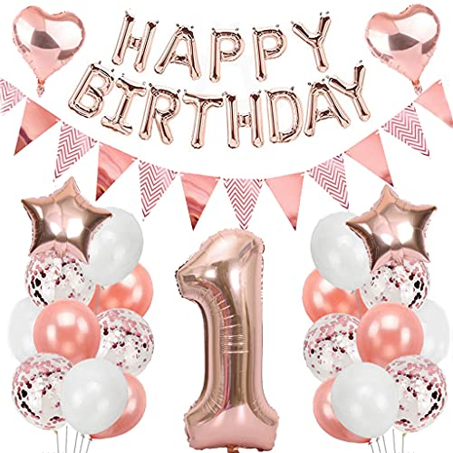 Ouceanwin Geburtstagsdeko 1 Jahre Mädchen, Rosegold Luftballon 1. Geburtstag Deko Set, Folienballon Zahl 1, Helium Ballon Happy Birthday Girlande für 1. Geburtstag Baby Girl Party Deko