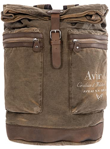 Avirex Mochila para hombre con correas ajustables, bolsa de lona y piel de vacuno envejecida, con amplios bolsillos delanteros, de estilo militar, colección 140506 CNV0B, Kaki Green, L, Vintage