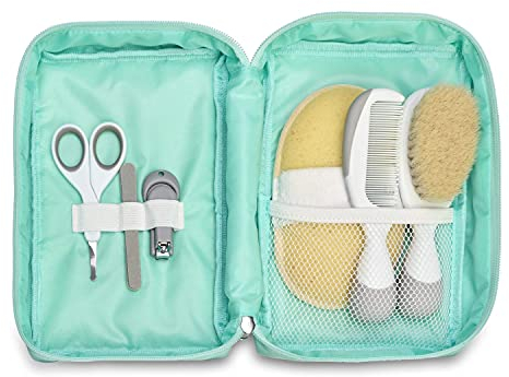 Chicco - Reise-Hygiene-Set für Kinder, 6 Stück, Bürste und Kamm, Schwamm-Handschuh, Schere mit abgerundeten Spitzen, Nagelknipser und USA-Nagelfeilen.