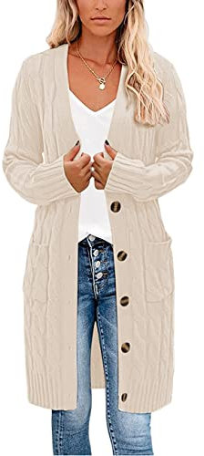 kinstell Ladies Long Sleeve Button Top Chunky Aran Cable Knitted Long Length Boyfriend Grandad Cardigan UK White