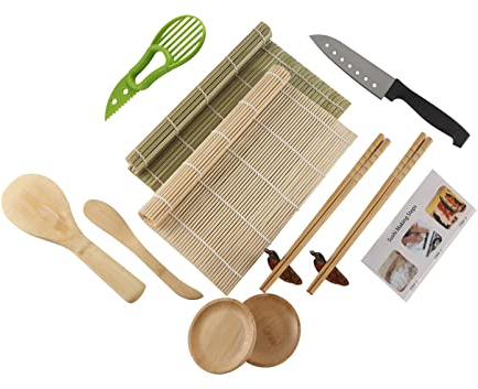 Tynerza 12pcs Sushi Making Kit, 2 Rolling Bamboo Mats, Rice Paddle Spreader, 2 Pairs of Chopsticks, Knife, Sauce Dishes, Avocado Slicer, Chopstick Rest, DIY Sushi Making Set with Storage Bag