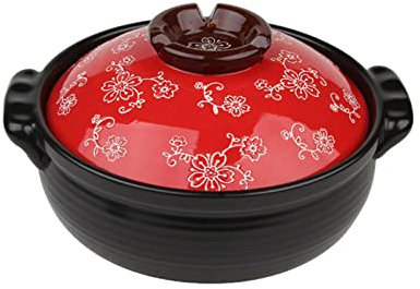 Clay Pot for Cooking Hot Pot Round Ceramic Casserole Japanese Rice Cooker with lid, Clay Rice Pot Slow stew, Microwave Oven Safe(Size:2000ML(2.11Quarts),Color:red)