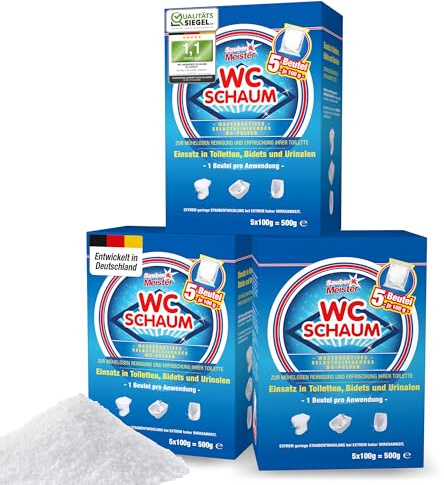 SAUBER MEISTER WC SCHAUMREINIGER PULVER – starker WC Schaum – 15 x 100 g | für gründliche Sauberkeit – Kraftvoller WC-Reiniger gegen Kalk & Urinstein – Selbstreinigende Pulverform