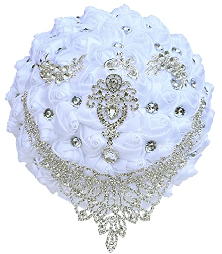 Sharebeauty 15 cm handgefertigter Satin-Rosenstrauß für Brautstrauß, rund, Hochzeitsstrauß, Überwurf, künstlicher Blumenstrauß, Weiß