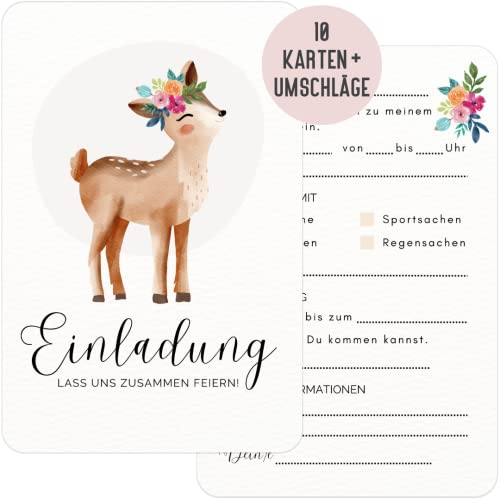 Things of Happiness 10 Einladungskarten zum Kindergeburtstag inkl. Briefumschläge Wald-Tiere | Geburtstagseinladungen Reh Mädchen | Einladung zum Geburtstag für Kinder Mädchen Junge (Waldtiere Reh)