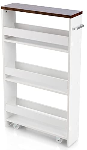 COSTWAY Slim Storage Trolley, 4 Tier Slide Out Rolling Utility Cart with Handle & Anti-falling Design, Kitchen Organizer Shelf Trolley on Wheels, 47x13x80cm (White)