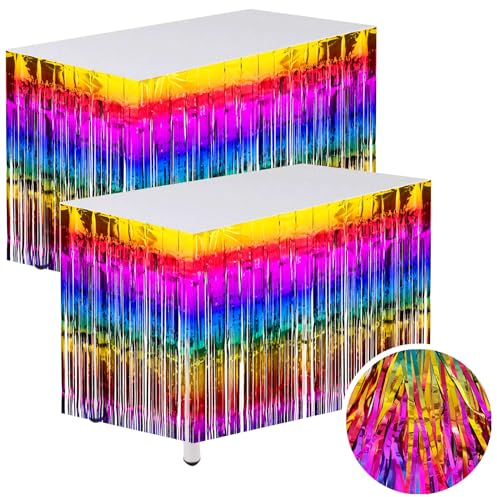 2 Packungen Regenbogen-Metallic-Folie Fransen Lametta Tischröcke für rechteckige Tische, Luftschlangen, Vorhänge, Hintergrund für Geburtstag, Gay Pride, Hochzeit, Abschlussfeier, Babyparty, Halloween,