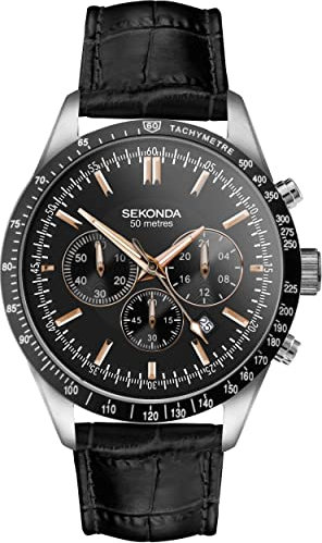 Sekonda Velocity Herren-Sportuhr, 45 mm, rundes Edelstahlgehäuse, wasserdicht, 50 m, Schwarz, Schwarz, Leather, Modern