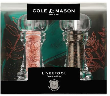 Cole & Mason Liverpool - Juego de molinillos de sal y pimienta acrílicos de 5.5 pulgadas con sal del Himalaya, molinillos de sal y pimienta, esenciales para la cocina y el hogar, juegos de sal y