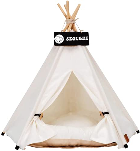 SEOUGEE Haustiere Tipi Zelt für Hunde und Katzen Waschbar und Abnehmbar Baumwolle Canvas Hundebett und Katzenhaus mit Kissen Indoor und Outdoor Pet Kennel und Spielhaus Tragbar und Stilvolles Tipi