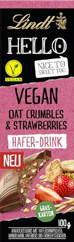 Lindt Schokolade HELLO Vegan Oat Crumble & Strawberries | 100g Tafel | Vegane Schokolade mit Haferdrink, Mandelmark, Haferkeks und Erdbeerstückchen | Schokoladentafel | Schokoladengeschenk