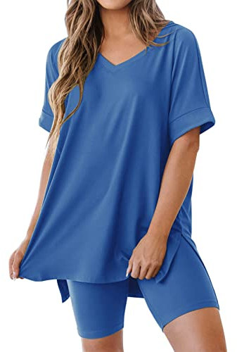 REORIA Damen T-Shirt Radlerhose Kombi-Sets V-Ausschnitt Kurzarm Lounge Wear Sets y2k Trainingsanzug Komplettset Gym Sets Blau S