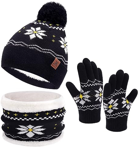 Kinder Winter Warm Beanie Mütze Schal Schlauchschal Handschuhe Set für Mädchen Jungen 3-8 Jahre, Pom Strickmütze Loop Schals Handschuhe mit Fleece Gefütterte Geschenk Weihnachten, Schwarz