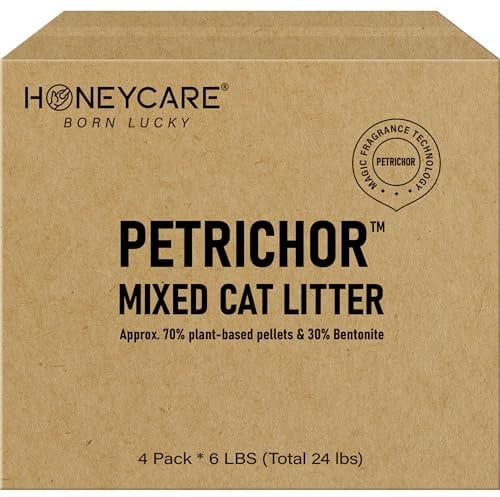 HONEY CARE Petrichor Mix Cat Litter I Tofu Cat Litter I Nature Plant-Based Pellets and Bentonite Sustainable Cat Litter I Low-Dust Qucik Clumping Superior Odor Control, 24-lbs Value Pack (6 lbs x 4)