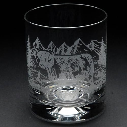 GLYPTIC GLASS ART 'Highland Cow' Hand Etched/Engraved Whiskey Tumbler Glass