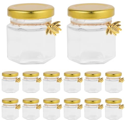 Kichvoe 20 Mini Frascos De Vidrio Con Tapa Dorada Y Colgantes De Abeja Recipientes Pequeños Hexagonales Botellas De Miel Frascos De Especias Frascos De Mermelada Para Baby Shower Regalos