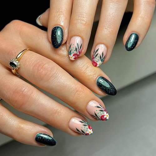24pcs Short Almond Press on Nails - Flower Pattern, Dark Green Glitter, Acrylic False Nails, Removable Glue-on, Full Cover Fake Nails for Women, Brides - Nail Art Accessories