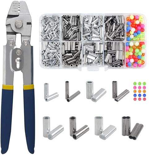 Kit di crimpatura da pesca in acciaio inox, pinza crimpatrice per funi metalliche + 590 manicotti per crimpare perline, 8 misure di crimpatura