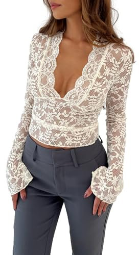 Caziffer Women Lace Crop Tops Fairy Grunge V Neck See Through Sheer Mesh T Shirt Punk Slim Fit Long Sleeve Shirt (B White, L)