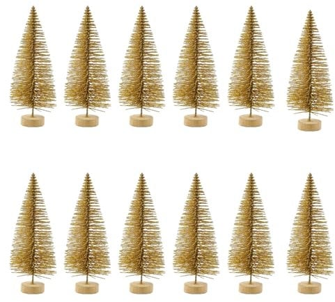 12 Pieces Artificial Mini Christmas Trees, Miniature Glitter Christmas Trees Bottle Brush Trees for Xmas Home Tabletop Decor, Gold 8.5cm