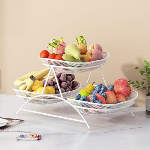 JUNYFFF Fruit Bowl, Tiered Fruit Basket – 37X23x20cm – Modern Fruit Bowl Large 3 Tier – Fruit Basket Etagere in Metal for Keeping Fruit, Vegetables And Bread,White