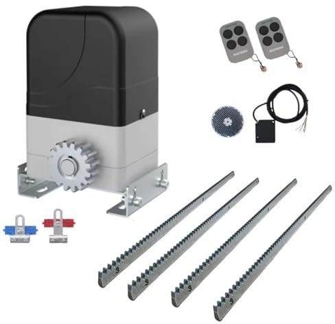 MATISMO AMC400 - Motor para puerta corredera de hasta 400 kg, con 2 mandos a distancia, fotocelulas y 4 cremalleras de 1m. (4 m cremalleras acero y 1 fotocelulas espejo)