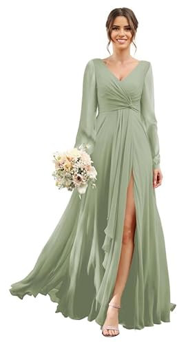 ChicFash Chiffon Bridesmaid Dresses 2024 for Women with Slit V Neck Long Sleeve Flowy Formal Dresses with Pockets Sage Green