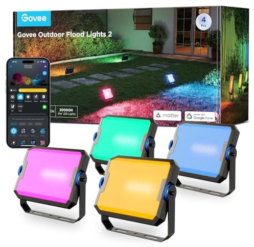 Govee Outdoor LED Strahler 48W, RGB Strahler Außen mit Kalt/Warmweißes Licht Bis zu 4000LM, Kompatibel mit Alexa, Matter, 50+ Szenen, IP66 Wasserdicht Flutlicht für Garten, Landschaft Deko, 4pcs