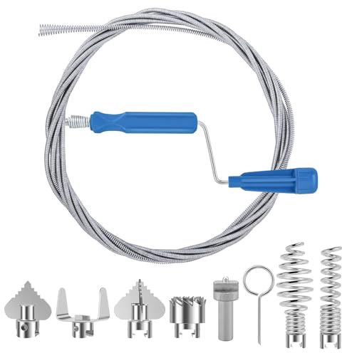 BDHYYM Espiral de limpieza de tuberías de 5 m con adaptadores manuales y 8 cabezales de corte para desatascadores, herramienta de limpieza de tuberías en espiral multifuncional