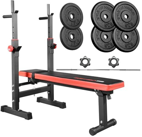 Train Hard® klappbare Hantelbank mit Gusseisen Gewichten, mit höhenverstellbarem Hantelständer und robuster Langhantel, Inkl. 34/48/60 kg Hanteln Set (B:mit 34 kg Langhantel)