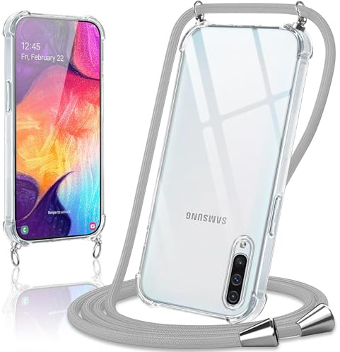 Coiwxmoi Handyband Handyhülle für Samsung Galaxy A50 / A30S /A50s Hülle mit Band 6,4,Transparent Case mit Kette Abnehmbar zum Umhängen Kordel Schutzhülle,Weich Silikon TPU Stoßfest Cover,Grau