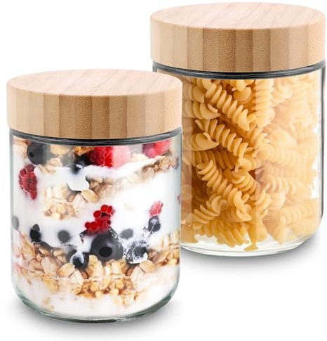 Acasimo Meal Prep Gläser mit Deckel 2er Set, 500ml Overnight Oats Gläser, 16 oz Glas einmachgläser, joghurtgläser für Gewürze, Cerealien, Nüsse und Snacks-Bamboo