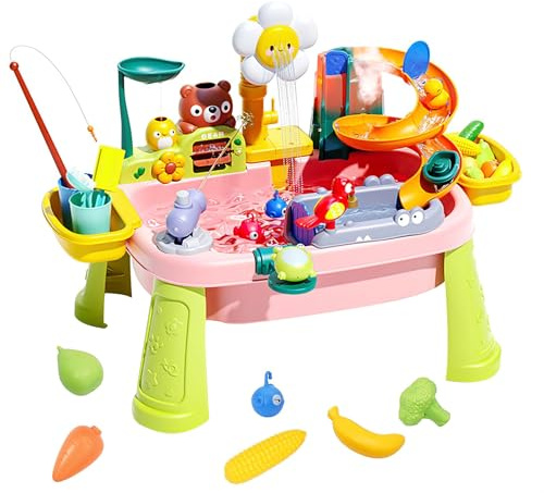 Kitchen Play Sink Toy Set with Running Water For Toddlers,Montessori Dishwasher with Light,Realistic Accessories,Fishing,Kids Mini Pretend Role Play Appliance,Educational Gifts for Boys Girls (Pink)