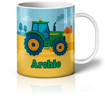 iCaseDesigner Personalised Children's Mug - Unbreakable Lightweight Polymer - Add Your Own Name - Vehicle Theme - Tractor