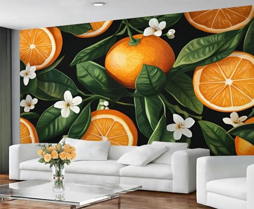 Orange Wallpaper for Living Room - Peel and Stick Wallpaper, Summer Fruits Bedroom Wall Paper, Large Wall Mural & Fruit Botanicals Home Decor, Self Adhesive
