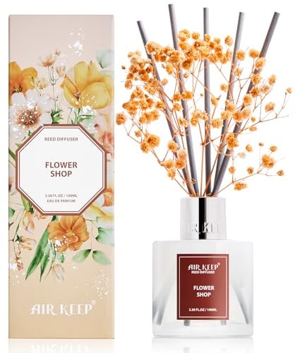 Airkeep Raumduft mit 8 Duftstäbchen 100ml, Lemon/Orchid/Jasmine- Flower Shop Langanhaltender Lufterfrischer, Natürlicher Duft, Deko für Badezimmer, Schlafzimmer, Wohnzimmer & Büro