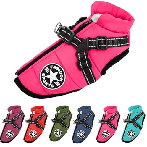 Pawbibi Dog Coat Waterproof Winter, Pawbibi Sport Waterproof Windproof Jacket with Built-In Harness Reflective & Adjustable Warm Coats Dogs (pink, M)