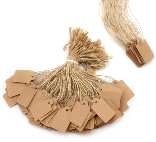 VEGCOO 200 Pcs Etiquette Prix en Papier Kraft, Etiquette Cadeau Écritables avec Corde en Jute pour Vêtements Bijoux Marchandises - 3,5 x 2,2 cm